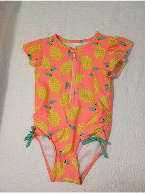 Cat & Jack Toddler Girls Lemon-Print Swimsuit Ruffle Sleeves Front Zipper Sz 2T